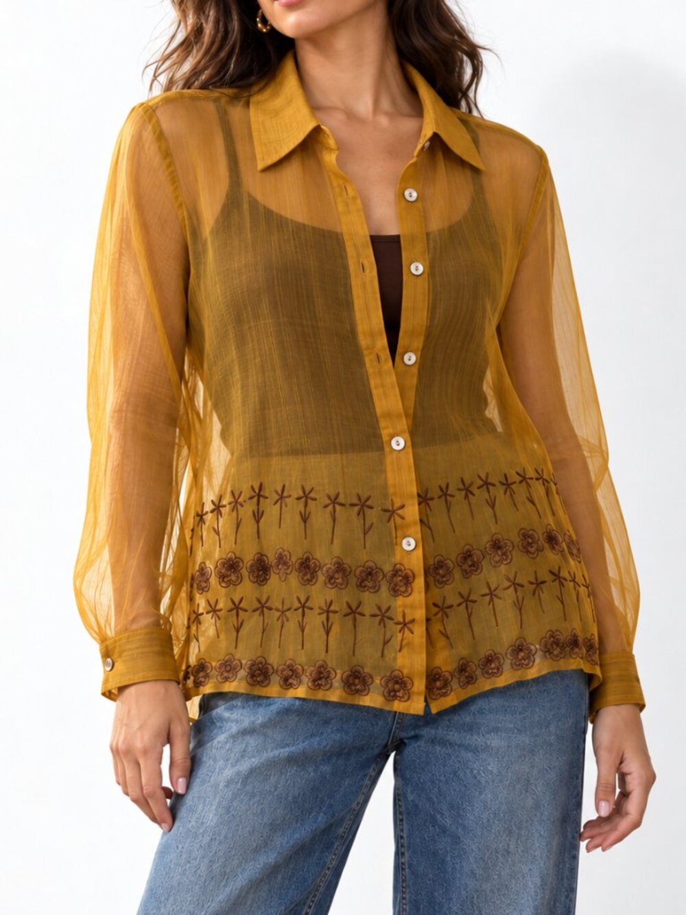 Vintage SweeteTrend Mustard Sheer Silk Blend Embroidered Blouse Size 12